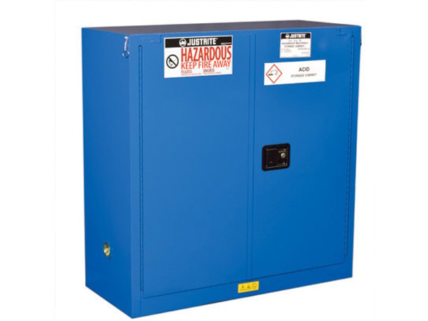 Justrite Chemcor Hazardous Material Safety Cabinet - Cap. 30 Gal. - 1 Shelf - 2 Self-Close Doors - Royal Blue - 8630282