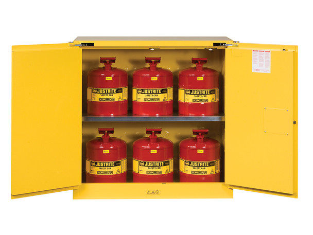 Justrite Sure-Grip Ex Safety Cabinet/Can Package - Cap. 30-Gal. Cabinet W/Cans - 2 Shlvs - 2 S/C Doors - Yellow - 8930208