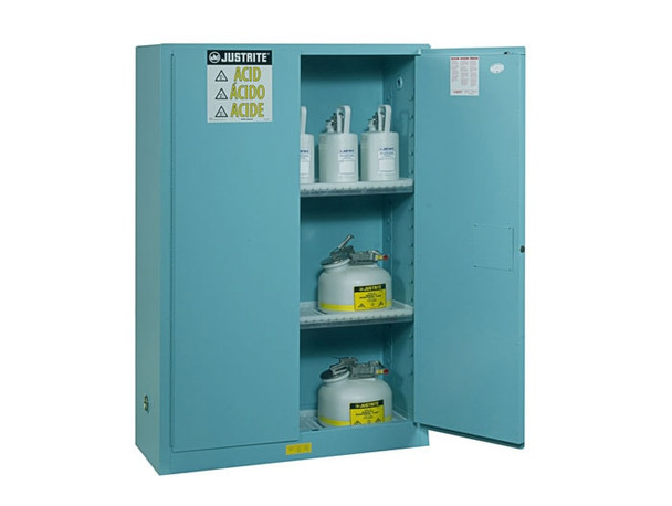 Justrite Chemcor Corrosives/Acids Safety Cabinet - Cap 45 Gallons - 2 Shelves - 1 Bi-Fold S/C Door - Blue - 8945822