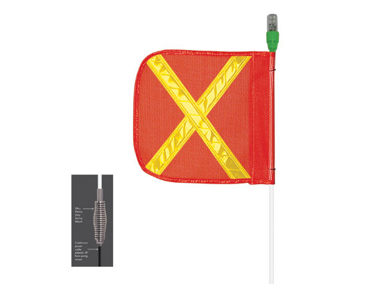 Warning Whip - Heavy Duty - 10' - 16" Orange Flag - Yellow X - Flashing Green LED - Heavy Pigtail - AP1016OY12PT