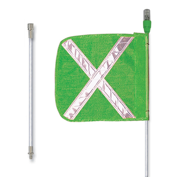 Warning Whip - General Purpose - 8' - Lighted - 12" Green Flag - White X - Split Pole - Quick Disconnect - FS8XL-SPQD-G