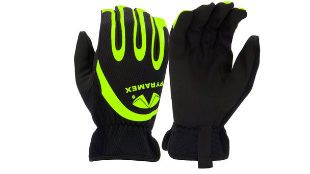 Pyramex- Gloves- Synthetic Leather Palm - Slipon Elastic Cuff - Touchscreen Capability- Pull Tab For Easy On/Of - Mesh Stretch Fabric Back - Hi-Viz Silicone