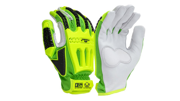 Pyramex - Goatskin Palm Mesh Back Hi-Viz A6 Cut Impact 2 W/ Kevlar Stitiching & 13G 360 Degree Polyester/Steel Liner