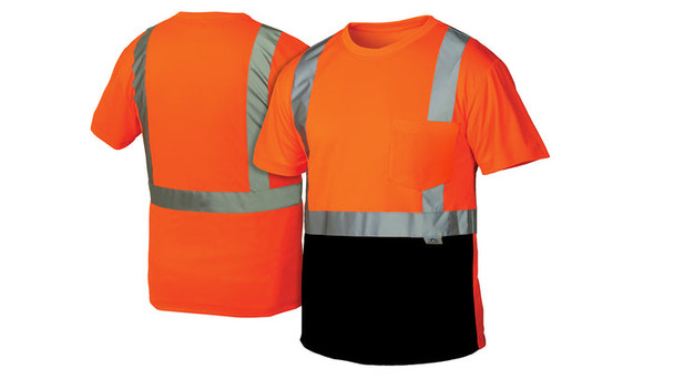 Pyramex - T-Shirt - Hi-Viz Orange T-Shirt - Lightweight Polyester Moisture Wicking Material T-Shirt W/Black Bottom & 2" Reflective Striping