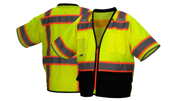 Pyramex- Class 3 Solid And Mesh Surveyor Vest- Contrast Tape & Padded Collar - Hi-Viz Lime