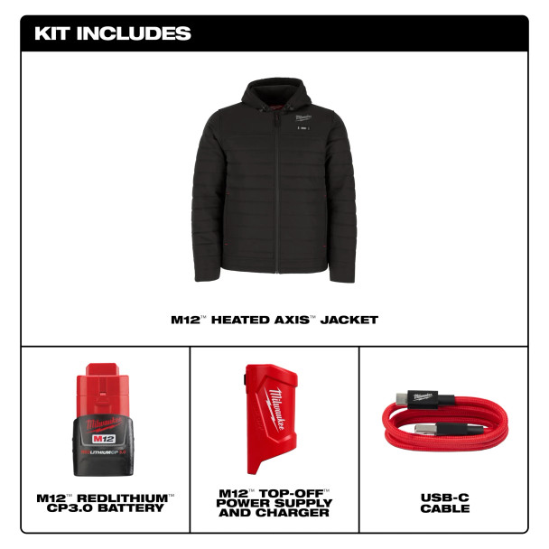 Milwaukee Tools M12 Heated Axis Jacket - Complete Kit (Includes Battery) - Black - M102B-21