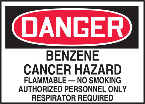 OSHA Danger Safety Label: Benzene - Cancer Hazard - Flammable - No Smoking - Authorized Personnel Only - Respirator Required 3 1/2" x 5" Adhesive Vinyl 5/Pack - LCAW027VSP