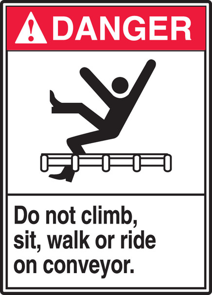 ANSI Danger Safety Label: Do Not Climb, Sit, Walk Or Ride On Conveyor 5" x 3 1/2" Adhesive Vinyl 5/Pack - LECR100VSP