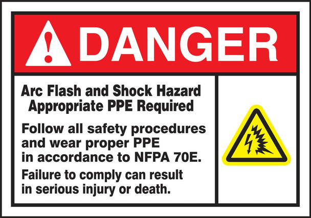 ANSI Danger Arc Flash Safety Label: Arc Flash And Shock Hazard (Symbols) 3 1/2" x 5" Adhesive Dura-Vinyl / - LELC313