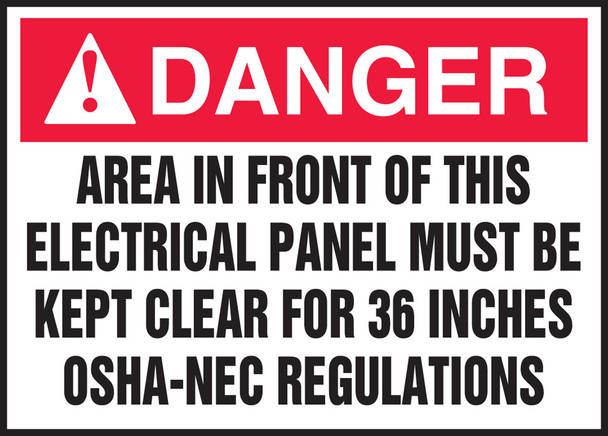 ANSI Danger Safety Label: Area In Front Of This Electrical Panel Must Be Kept Clear For 36 Inches - OSHA-NEC Regulations 2 1/2" x 3 1/2" Adhesive Dura Vinyl 1/Each - LELC546XVE