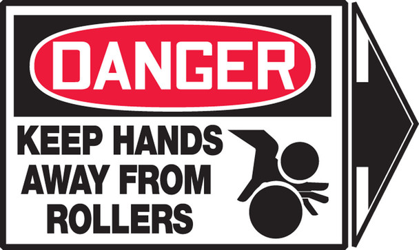 OSHA Danger Safety Label: Keep Hands Away From Rollers 3 1/2" x 5" + arrow Adhesive Dura Vinyl 1/Each - LEQM150XVE