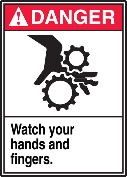 ANSI Danger Safety Label: Watch Your Hands And Fingers 5" x 3 1/2" Adhesive Dura-Vinyl 1/Each - LEQM165XVE