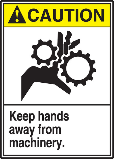 ANSI Caution Safety Label: Keep Hands Away From Machinery 5" x 3 1/2" Adhesive Vinyl 5/Pack - LEQM663VSP