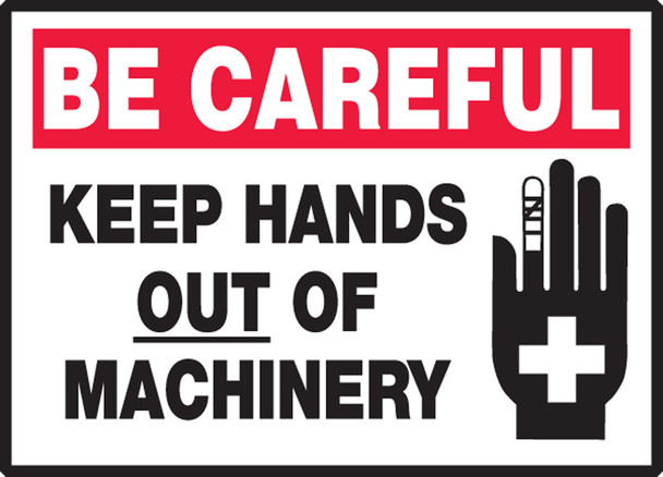 Be Careful Safety Label: Keep Hands Out Of Machinery 3 1/2" x 5" Adhesive Vinyl 5/Pack - LEQM901VSP