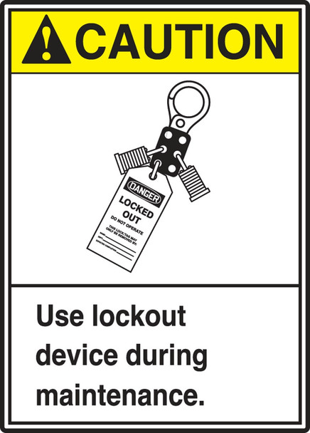 ANSI ISO Caution Safety Label: Use Lockout Device During Maintenance 5" x 3 1/2" Adhesive Dura Vinyl 1/Each - LLKT606XVE