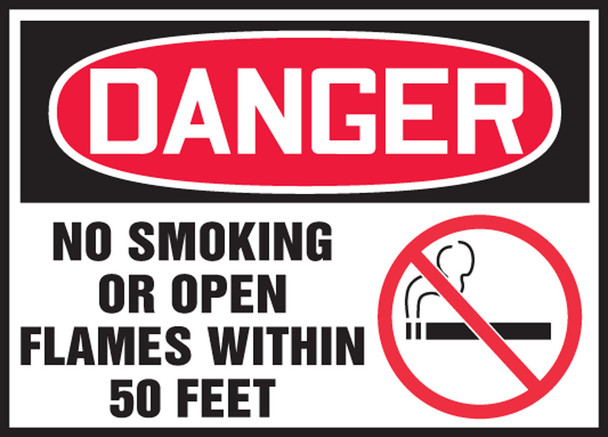 OSHA Danger Safety Label: No Smoking Or Open Flames Within 50 Feet 5" x 7" Adhesive Dura Vinyl 1/Each - LSMK003XVE