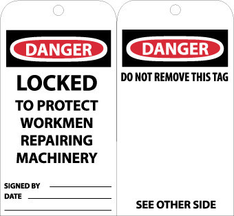TAGS, DANGER LOCKED TO PROTECT WORKMEN REPAIRING. . ., 6X3, UNRIP VINYL, 25/PK W/ GROMMET