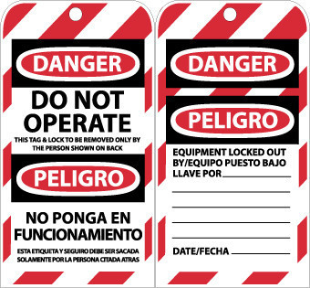 TAGS, LOCKOUT, DANGER DO NOT OPERATE. . .(BILINGUAL), 6X3, UNRIP VINYL, 10/PK