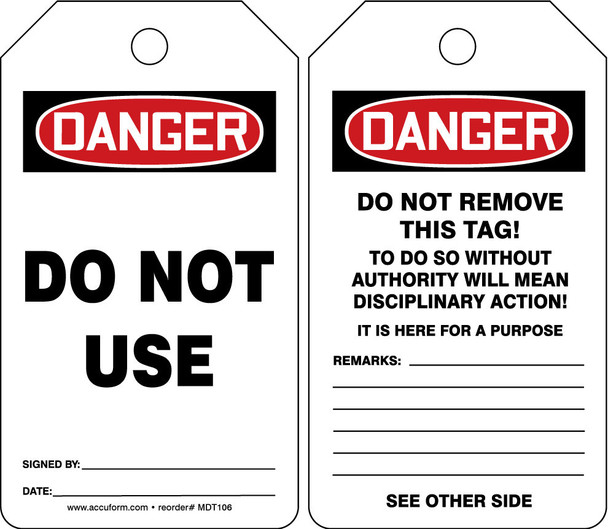 OSHA Danger Safety Tag: Do Not Use Standard Back A HS-Laminate 25/Pack - MDT106LTP