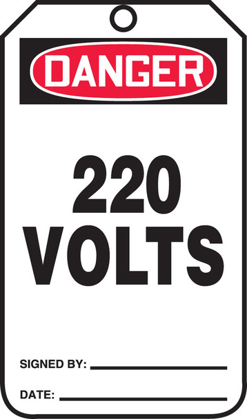 OSHA Danger Safety Tag: 220 Volts Standard Back A PF-Cardstock 5/Pack - MDT172CTM
