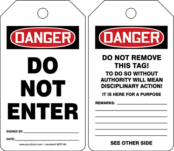 OSHA Danger Safety Tag: Do Not Enter English Standard Back B HS-Laminate 25/Pack - MDT187LTP