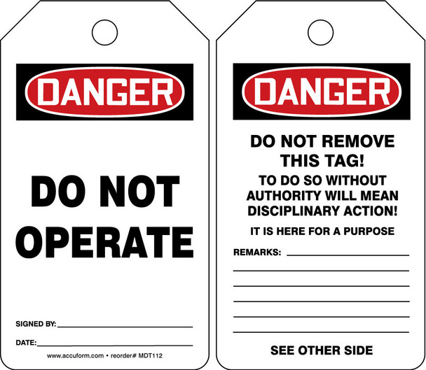 OSHA Danger Safety Tag: Do Not Operate English Standard Back B Self-Laminating PF-Cardstock 25/Pack - MDT189LCP