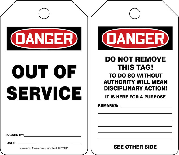 OSHA Danger Safety Tag: Out Of Service English Standard Back B HS-Laminate 5/Pack - MDT246LTM