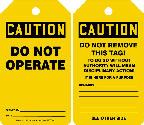 OSHA Caution Safety Tag: Do Not Operate English Standard Back B PF-Cardstock 5/Pack - MDT621CTM