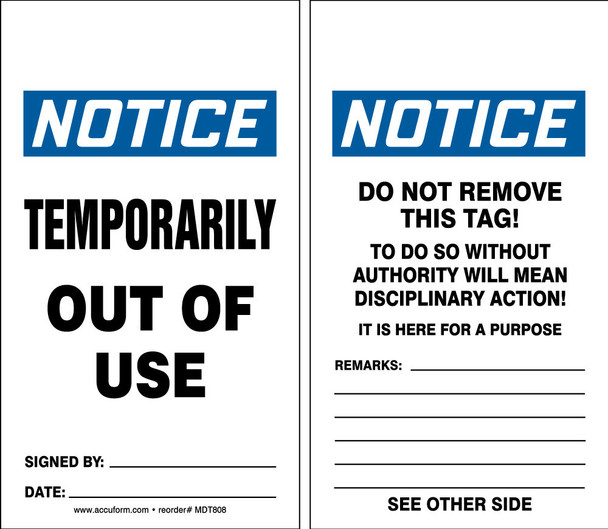 OSHA Notice Safety Tag: Temporarily Out Of Use Standard Back B RP-Plastic 5/Pack - MDT819PTM