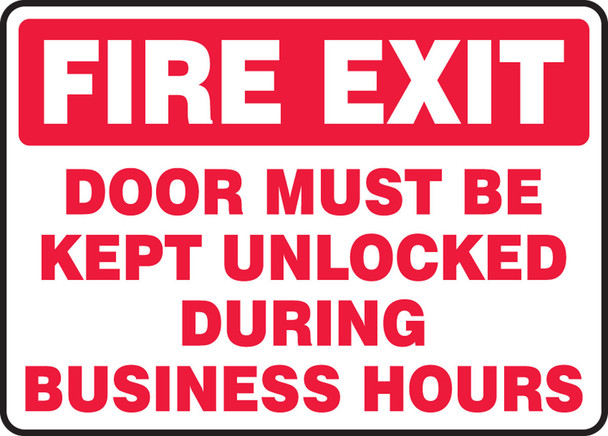 Safety Sign: Fire Exit - Door Must Be Kept Unlocked During Business Hours 10" x 14" Aluminum 1/Each - MEXT571VA