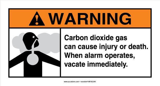 ANSI Warning Safety Sign: Carbon Dioxide Gas Can Cause Injury Or Death - When Alarm Operates Vacate Immediately 6 1/2" x 12" Aluma-Lite 1/Each - MFXG340XL