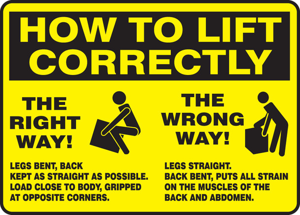 How To Lift Correctly Safety Sign: The Right Way - The Wrong Way 10" x 14" Aluma-Lite 1/Each - MGNF504XL