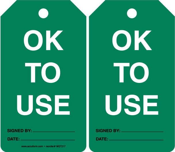 Equipment Status Safety Tag: OK To Use English RP-Plastic 5/Pack - MGT217PTM