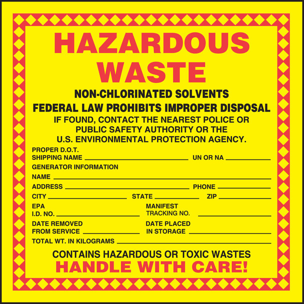 Hazardous Waste Label: Hazardous Waste - Non-Chlorinated Solvents 6" x 6" Adhesive Coated Paper 250/Roll - MHZW05PSL