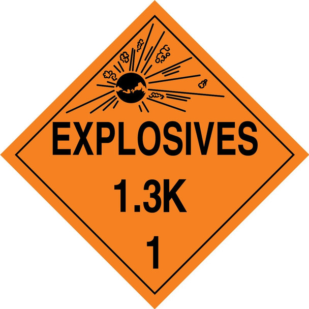 DOT Placard: Hazard Class 1 - Explosives & Blasting Agents (1.3K) 10 3/4" x 10 3/4" Magnetic Vinyl 1/Each - MPL125MG1