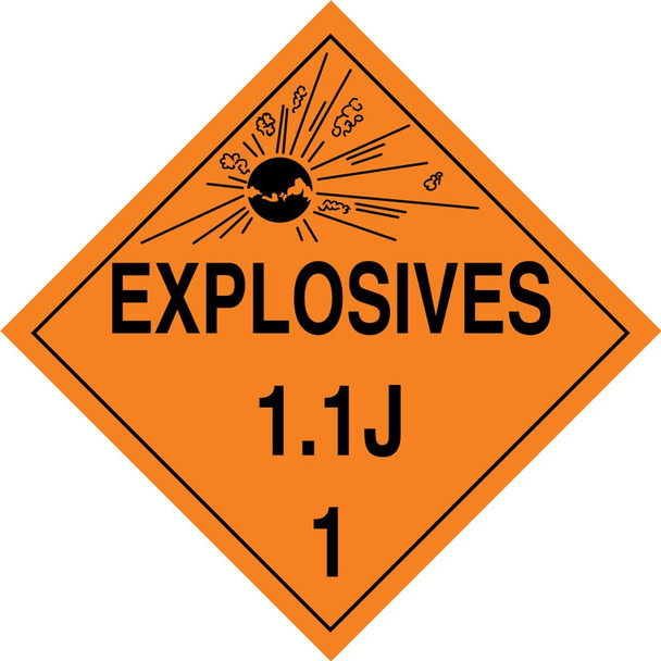 DOT Placard: Hazard Class 1 - Explosives & Blasting Agents (1.1J) 10 3/4" x 10 3/4" PF-Cardstock 25/Pack - MPL18CT25