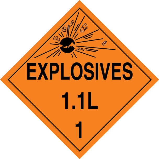 DOT Placard: Hazard Class 1 - Explosives & Blasting Agents (1.1L) 10 3/4" x 10 3/4" Removable Vinyl 1/Each - MPL19RM1