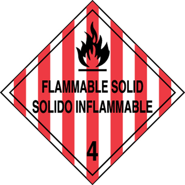 Bilingual DOT Placard: Hazard Class 4 - Flammable Solid 10 3/4" x 10 3/4" Removable Vinyl 50/Pack - MPLSP6RM50