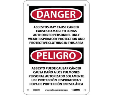 Sign, PELIGRO ASBESTOS MAY CAUSE CANCER CAUSES . . . ONLY WEAR RESPIRATORY PROTECTION AND PROTECTIVE CLOTHING IN THIS AREA (BILINGUAL), 7 X 10, RIGID PLASTIC (5 Pack)