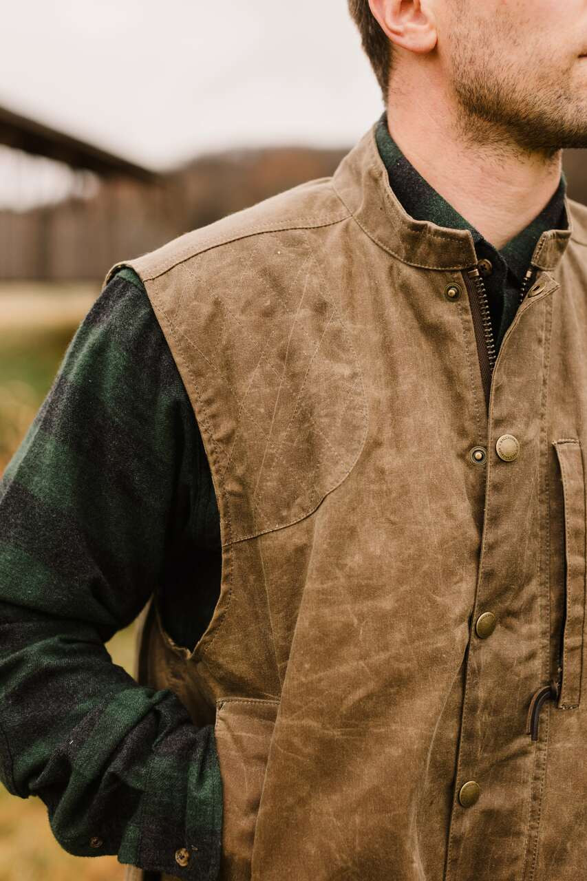 Waxed Cotton Upland Vest in Dark Oak Ball and Buck