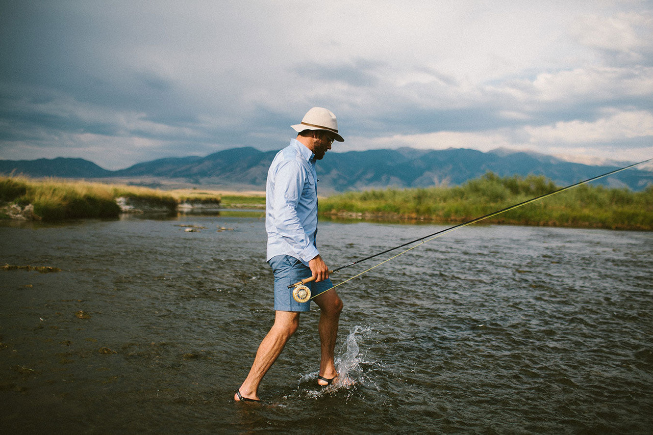 The 6 Point Shorts, Chambray $108 | The Angler's Shirt, Solid Blue $168