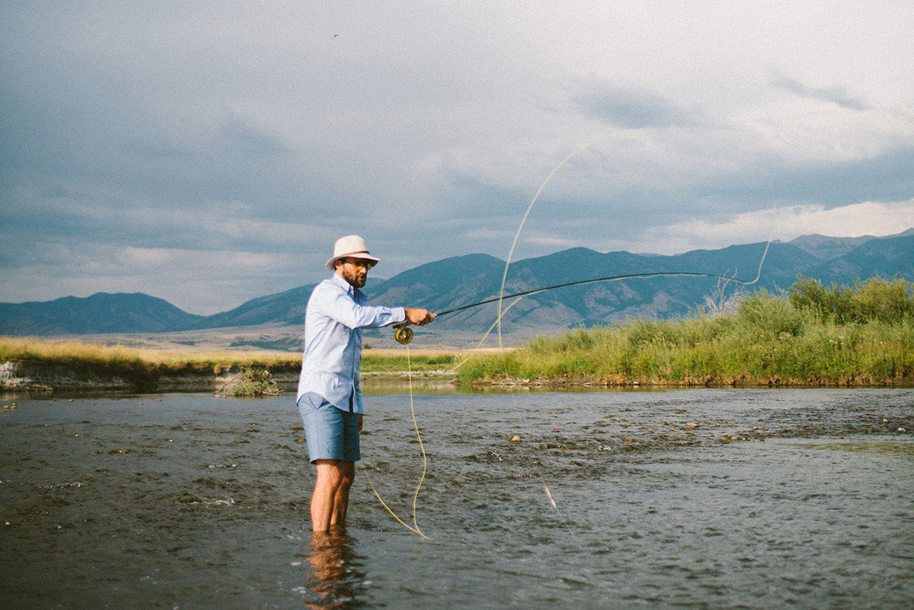 The Angler's Shirt, Solid Blue $168 | The Angler's Frame, Medium Yellow PC $188 | The 6 Point Shorts, Chambray $108