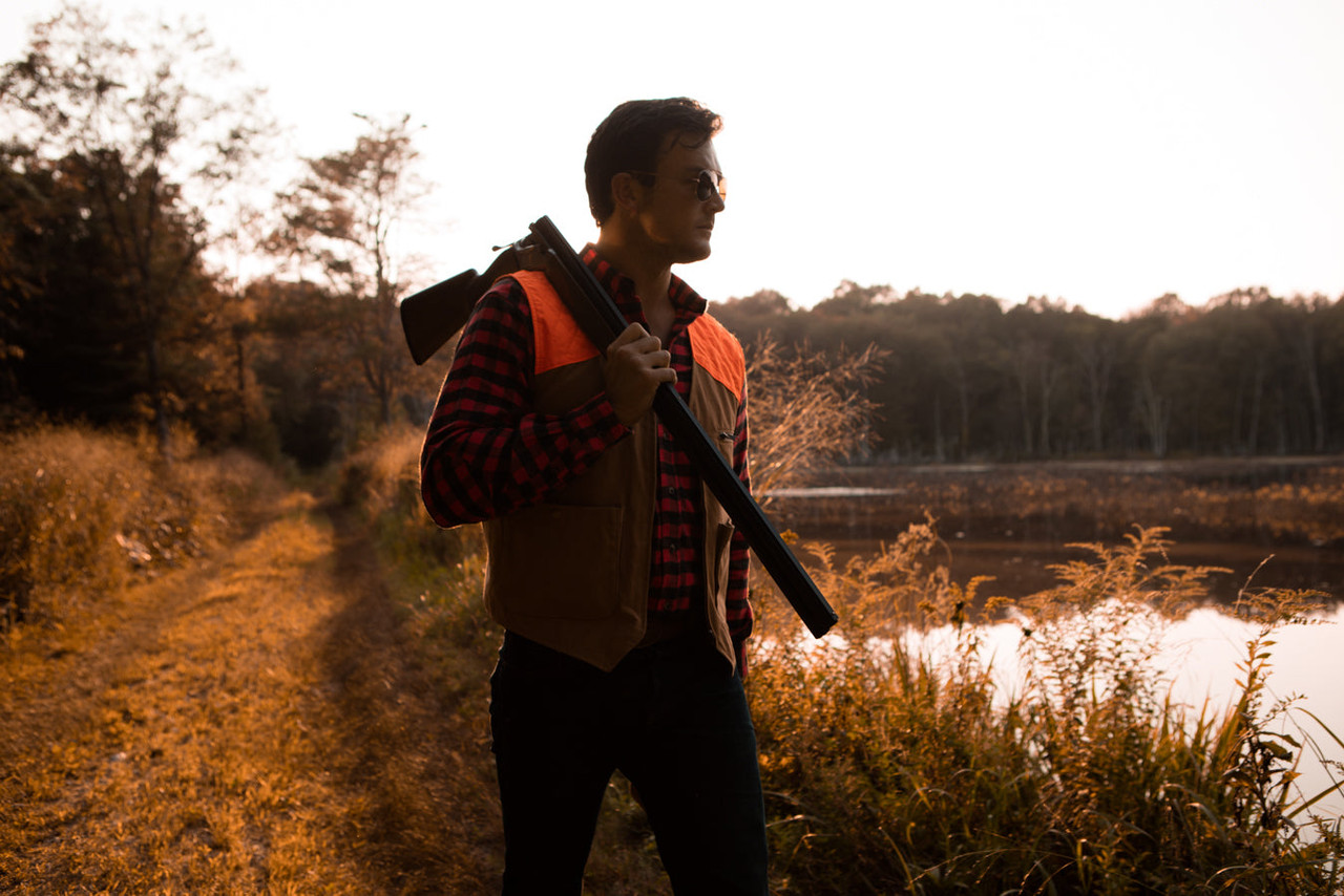 The Hunter's Sunglasses, The Zip In Vest Signature Canvas with Blaze, The Hunter's Shirt, Buffalo Plaid, The 6 Point Pants