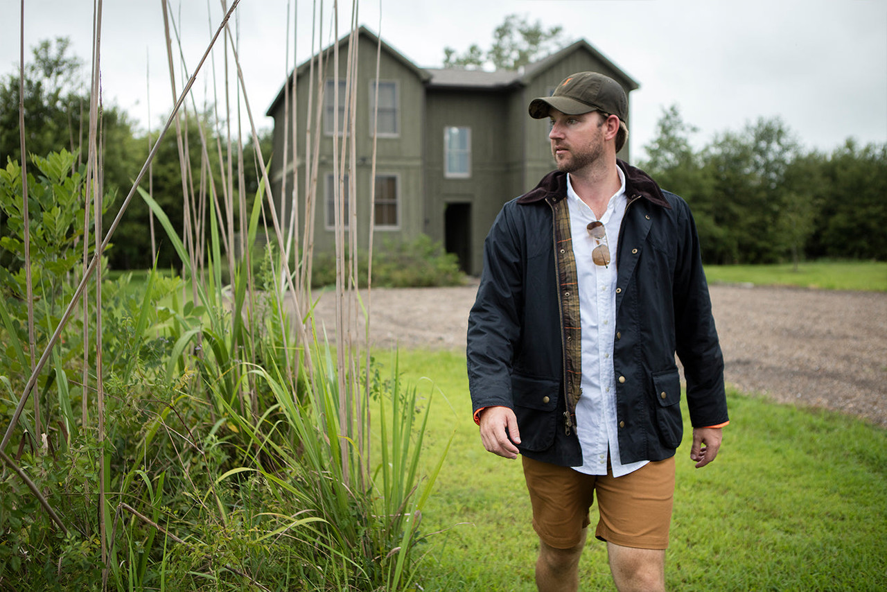 Premium Waxed Cotton Hat, Olive | The Upland Jacket, Navy | The Hunters Shirt, White | Anglers Sunglasses, Tan Polarized | The 6 Point Duck Cotton Short, Caramel