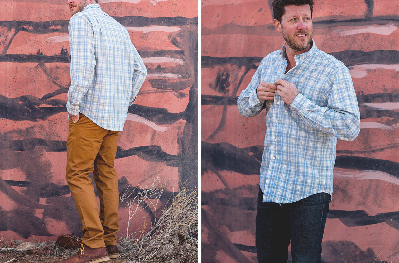 Scout Shirt - Arches | Left: 6 Point Pant Duck Cotton - Caramel | Right: 6 Point Denim