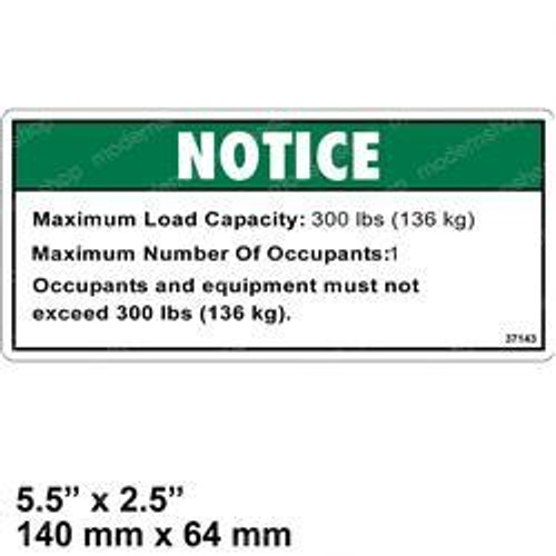 37143: Aftermarket Genie Decal Notice Load Cap 300