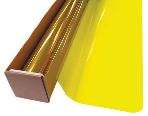 A roll of Sunburst-colored window film is partially unrolled from a cardboard box.