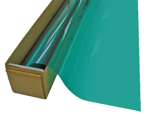 A roll of Light Aqua-colored window film is partially unrolled from a cardboard box.