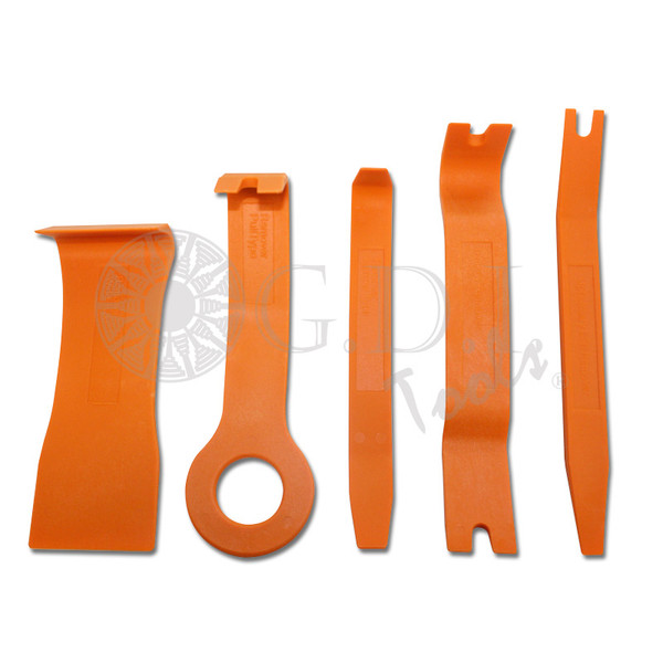 Molding & Trim Removal Tools (MOLD5)
The kit includes five distinctive tools for the easy removal of body fasteners, interior trim pieces, exterior body moldings, wheel hub caps, etc. Made from heavy-duty plastic to prevent scratching and damage to vehicle surfaces.