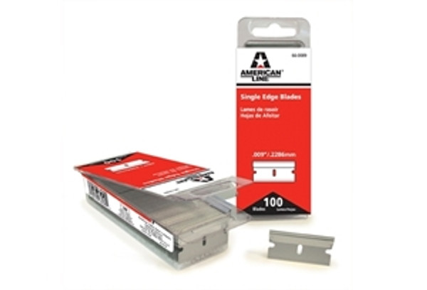 These American Line razor blades represent the most popular combination of features in single edge razor blades with the distinction of the American Line brand and packaging.  Always high quality blades, these single edge razors have carbon steel edges, aluminum backing, and a thickness of .009".  These Blades come packaged in attracitive clam shells and the master case serves as a display kit for easy retail displays.